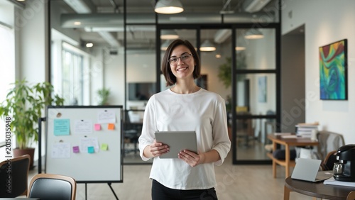 A woman in a professional setting, preparing for or participating in a meeting or presentation.