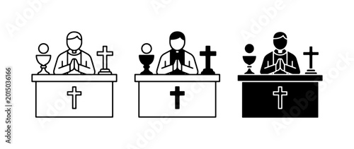 Foto Priest at Altar Icons: Praying Clergy, Chalice, Cross, Catholic Mass Symbolism
