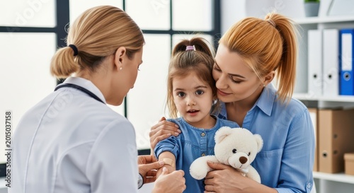 A female doctor applying a bandage to a childs arm in a clinic