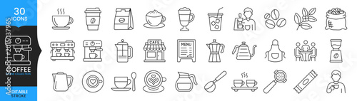 Coffee Icons Set, Cafe Line Icon Collection, Coffee Shop Vector, Hot Drink Symbols, Barista Equipment Icons, Minimal Editable Stroke Coffee Illustration