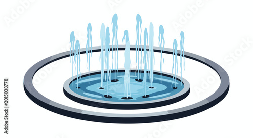 Circular public water fountain with multiple vertical jets spraying into a blue pool surrounded by a concrete ring.