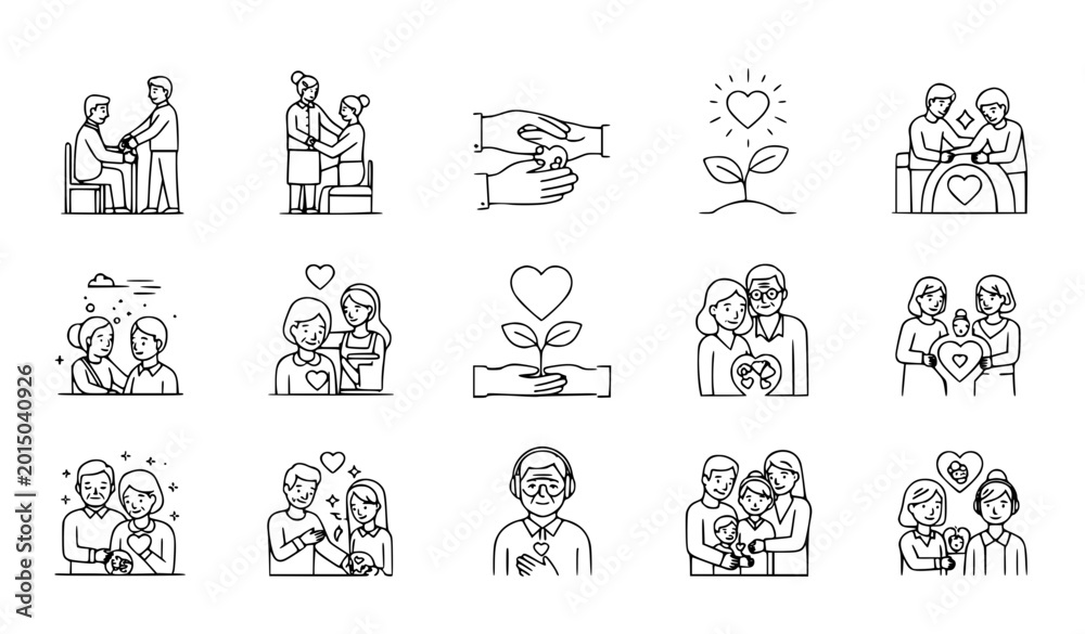 Fototapeta premium Minimal kindness and caregiving line art vector set with support love and nurturing illustrations isolated on white background