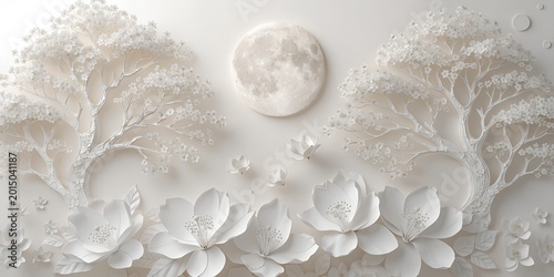 White 3D Paper Cut Relief Art of Two Blossoming Trees and Full Moon With Large Magnolia Flowers in Monochromatic Cream Tones as Elegant Decorative Wall Art Illustration