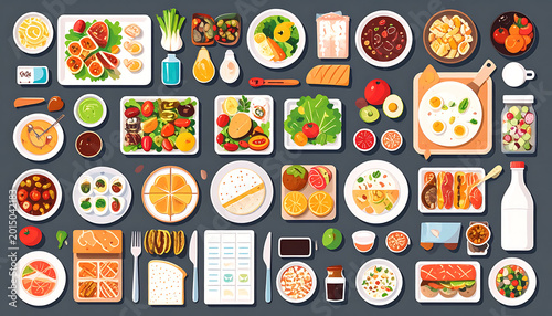 Pixel art flat lay collection of diverse food and drinks, arranged as a top-down view of a meal spread, digital illustration