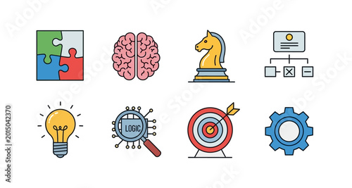 Quadro su tela Collection Of Brain Teaser Icons Colorful Line Art Silhouette On Transparent Bac