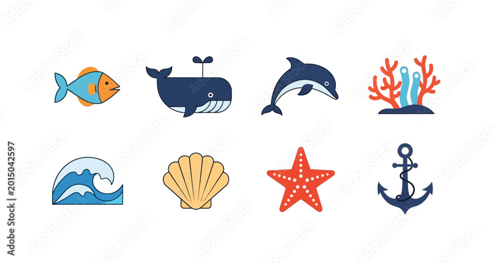 Obraz premium Marine life icons set colorful flat style on transparent background