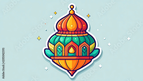 Pixel art illustration of a colorful ornate lantern, Islamic decoration, festive, Ramadan symbol, bright orange and green tones, celebratory atmosphere