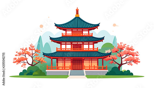 Pixel art Japanese pagoda temple surrounded by blooming trees and mountains, serene Asian architecture