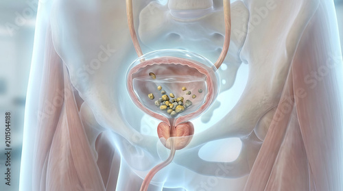 Human urinary bladder with multiple kidney stones inside, medical 3D illustration showing anatomy of pelvis, ureter, and bladder with stones causing urinary tract issues