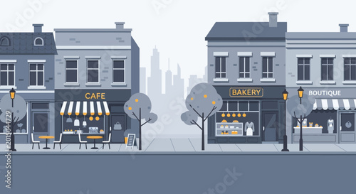 Charming street scene with cafe, bakery, and boutique shops in a city.