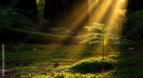 A young green sapling thrives on the mossy floor of a primeval redwood forest, illuminated by bright shafts of golden sunlight from above, spring, fresh, green