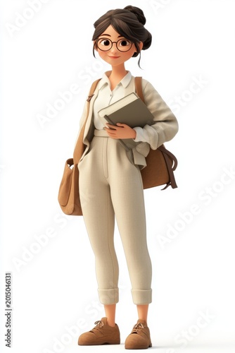 full-length 3D image of character on white background. woman in plain clothes. picture for business. a woman with dark hair in trousers and a shirt with a book in her hands. Student or teacher