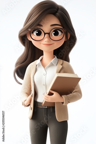 full-length 3D image of character on white background. woman in plain clothes. picture for business. a woman with dark hair in trousers and a shirt with a book in her hands. Student or teacher