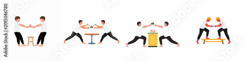 Foto Set of flat illustrations featuring two young men sharing or competing for cake across various pieces of furniture on a plain white background