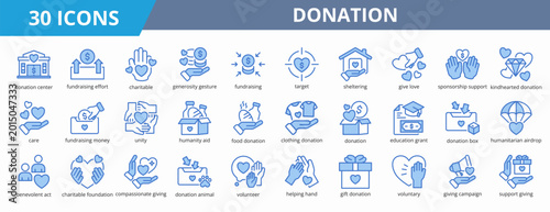 Set of outline blue style donation icon. A collection of icons suitable for web and mobile application. Including donation center, fundraising effort, charitable, generosity gesture, and more.