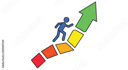 Konstfotografi A blue stick figure running up a colorful ascending arrow staircase