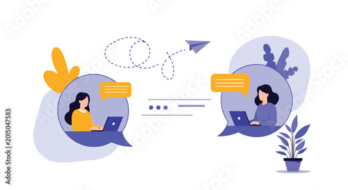 Two women communicating digitally through speech bubbles and laptops while sitting inside circular interface elements.