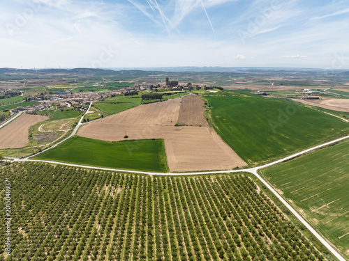 Foto Panoramic view of Artajona between crop fields. Navarre