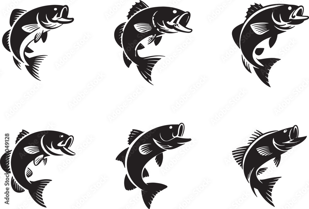 Fototapeta premium Set of black and white jumping bass fish illustrations