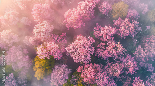 Aerial view of sprawling spring pink blossom forest wrapped in soft hazy mist, with interspersed lush green canopies dotted among layers of pale to deep pink blooming flower clusters, warm soft