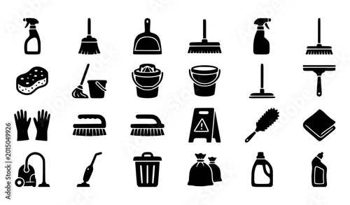 Foto Minimal black cleaning tool icon set vector with janitorial hygiene and househol