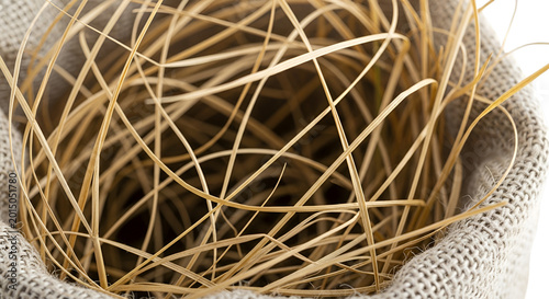 Close up of dry natural straw filling a rough woven burlap sack.