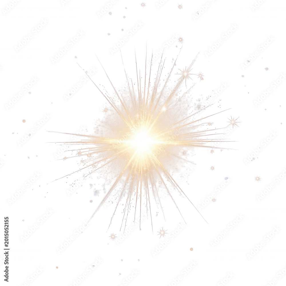 Fototapeta premium Golden starburst explosion with radiating light rays and scattered glowing particles on a solid black background