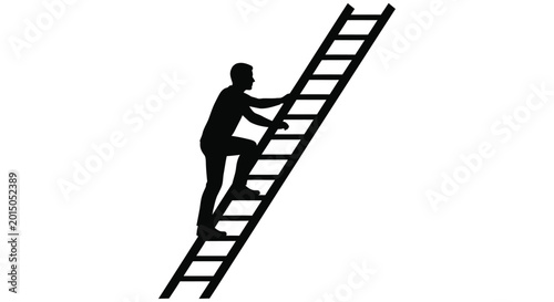 Quadro su tela Silhouette of a man climbing a ladder against a white background