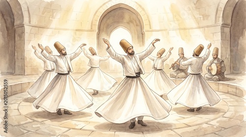 Sufi whirling ceremony with dervishes in white robes spinning to music