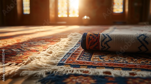 Prayer Mat on Rug in Sunlit Mosque Interior for Islamic Worship.