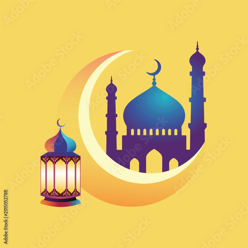 Islamic background with mosque silhouette, crescent moon and traditional lantern for Ramadan or Eid.