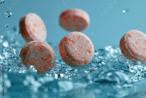 Effervescent tablets falling into splashing water creating bubbles