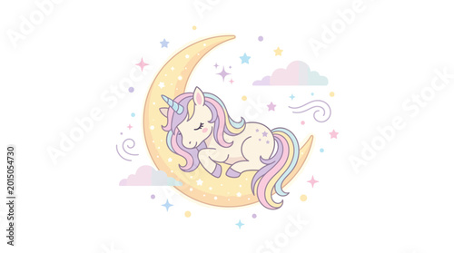 A whimsical cartoon unicorn sleeps peacefully on a crescent moon surrounded by colorful stars and clouds in a dreamy, pastel-hued fantasy illustration.