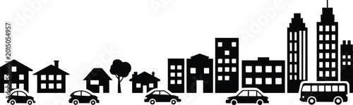 Minimalist Cityscape and Suburban Neighborhood Silhouette, Modern Urban Development, Real Estate, and City Living Vector Graphics, Black and White Stylized Illustration of a City Street with Traffic.