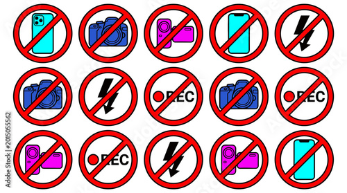 Prohibited Device and Recording Warning Vector Icon Set Featuring No Camera, No Mobile Phone, No Video Recording, and Restricted Electronics Symbols