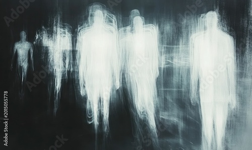 Ethereal figures moving through abstract light streaks with a sense of mystery and movement