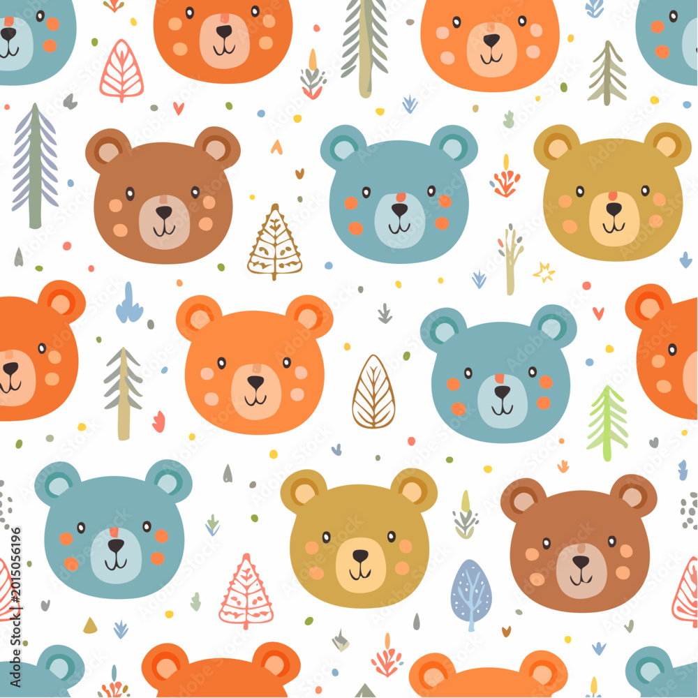 Obraz premium Seamless pattern of cute cartoon bears and pine trees on a white background, perfect for children's decor