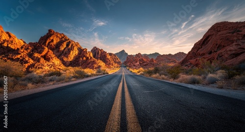 Open desert highway stretching towards fiery mountain peaks during golden hour