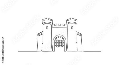 Foto Hand-drawn sketch of a medieval castle gatehouse with towers and battlements, isolated on white