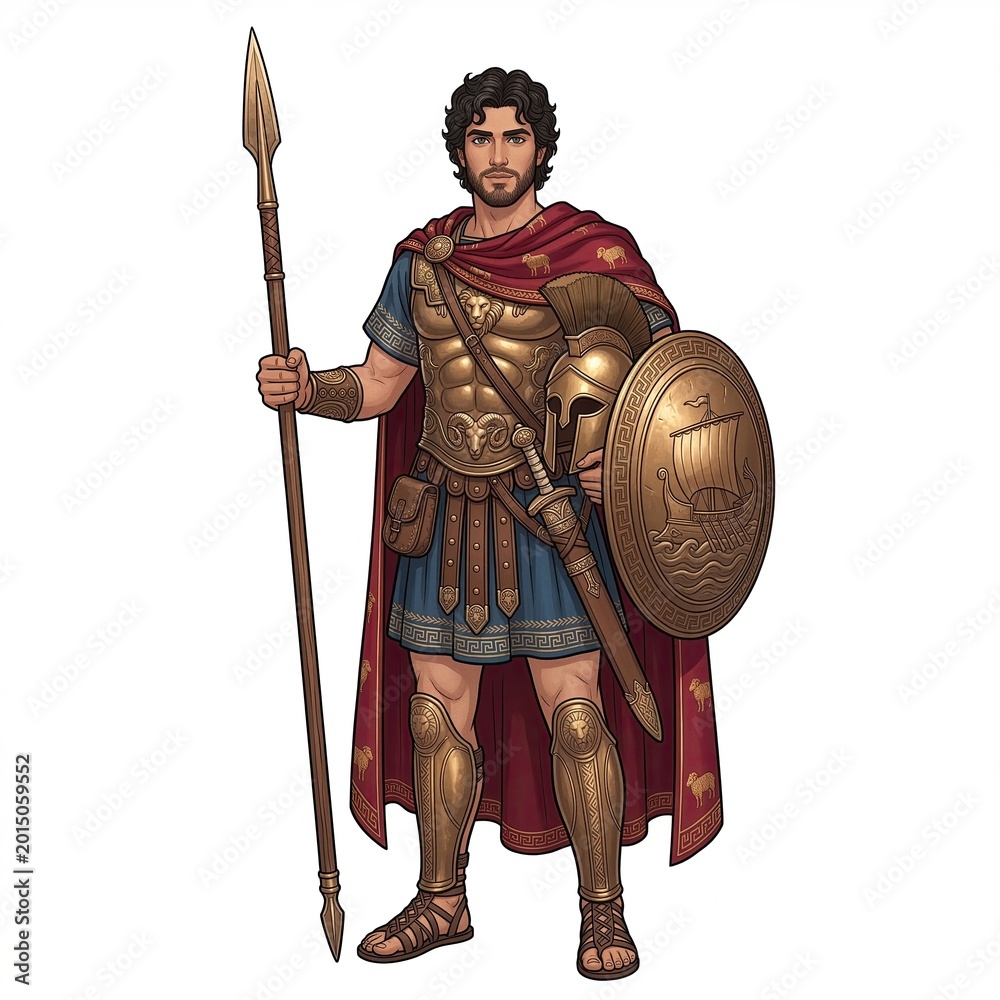 Obraz premium Ancient Greek hero Jason in ornate bronze armor holding a spear and ship-embossed shield isolated on white background