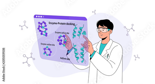 Scientist analyzes enzyme-protein docking on futuristic digital interface with molecular structures