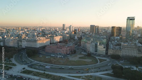 View of city skyline during sunset in Buenos Aires with busy streets