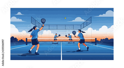 Vibrant Paddle Tennis Action: Illustrated Sport Scene Featuring Players in a Competitive Match