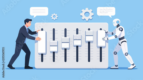 Photos Businessman and AI Robot Collaborating on System Control Sliders, Illustrating H
