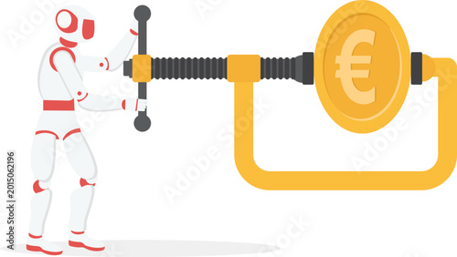 Foto Robot tightening a clamp on a gold euro coin