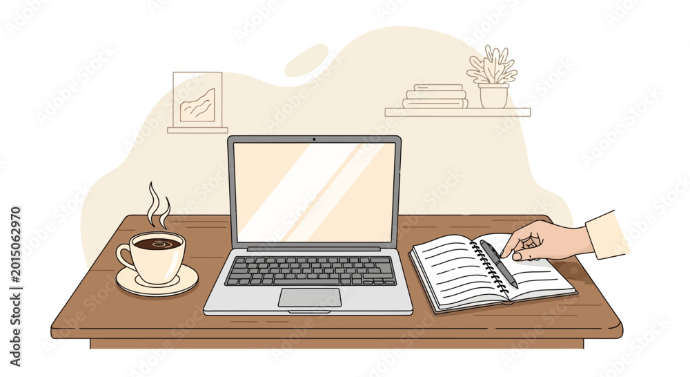 Naklejka premium Cozy Home Office Desk with Laptop, Coffee, and Notebook - Remote Work Setup