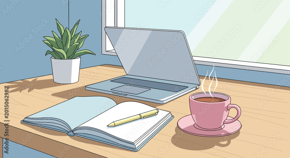 Naklejka premium Cozy Home Office Desk with Laptop, Open Book, and Hot Coffee Cup