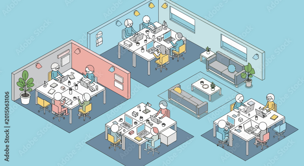 Fototapeta premium Cozy Isometric Office Space with People Working at Desks, Collaborative Workspace