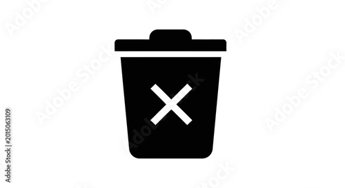 Black trash can icon with white 'X' symbol, representing deletion or removal on a white background.