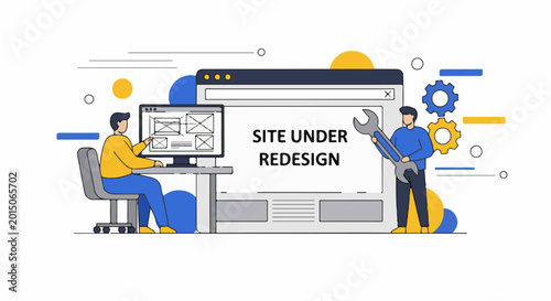 Two people working on a website redesign with tools and gears